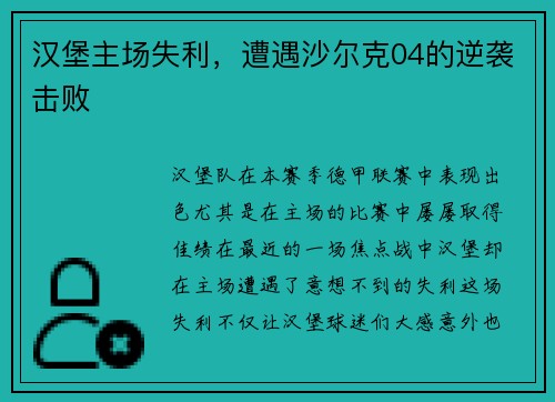 汉堡主场失利，遭遇沙尔克04的逆袭击败